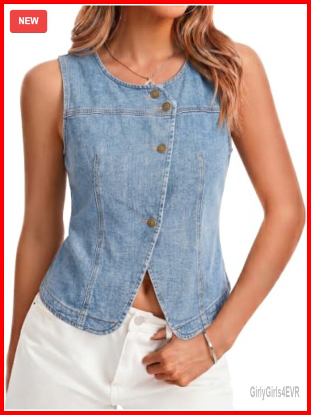 Washed Denim Vest Sleeveless Fitted Button Down Crewneck Summer Waistcoat